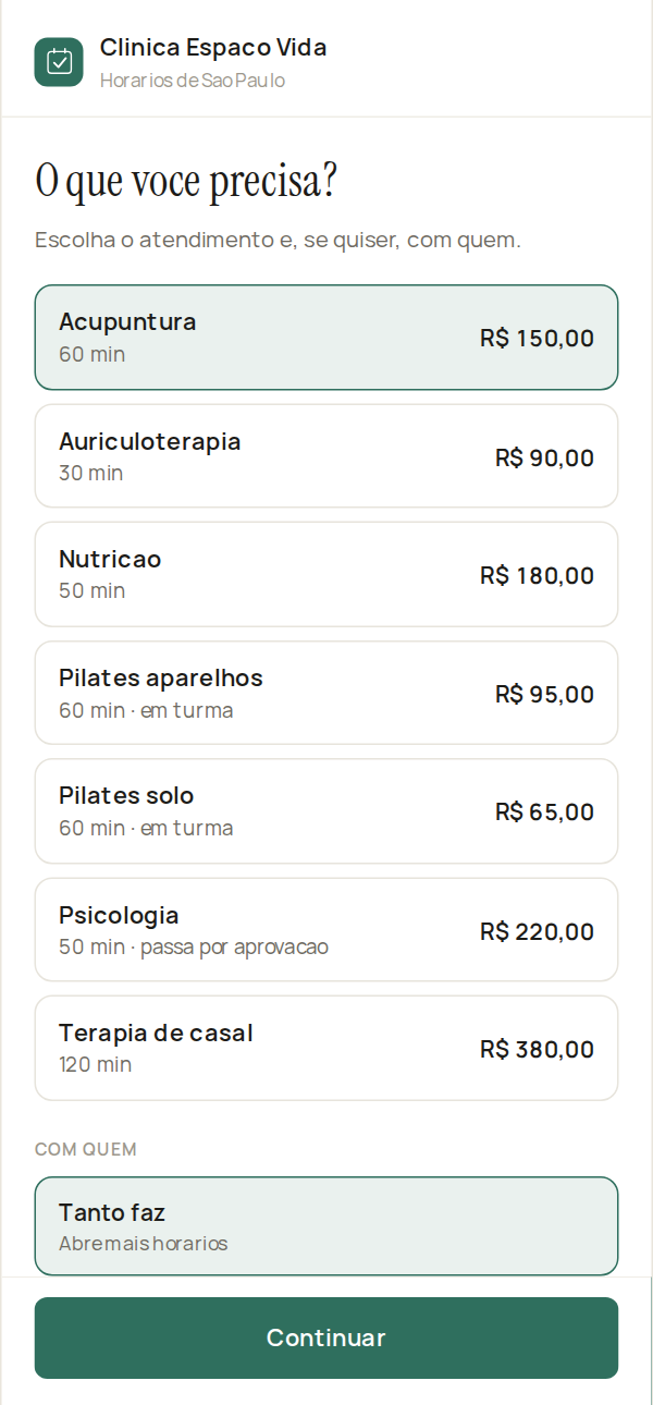Pagina publica de agendamento no celular